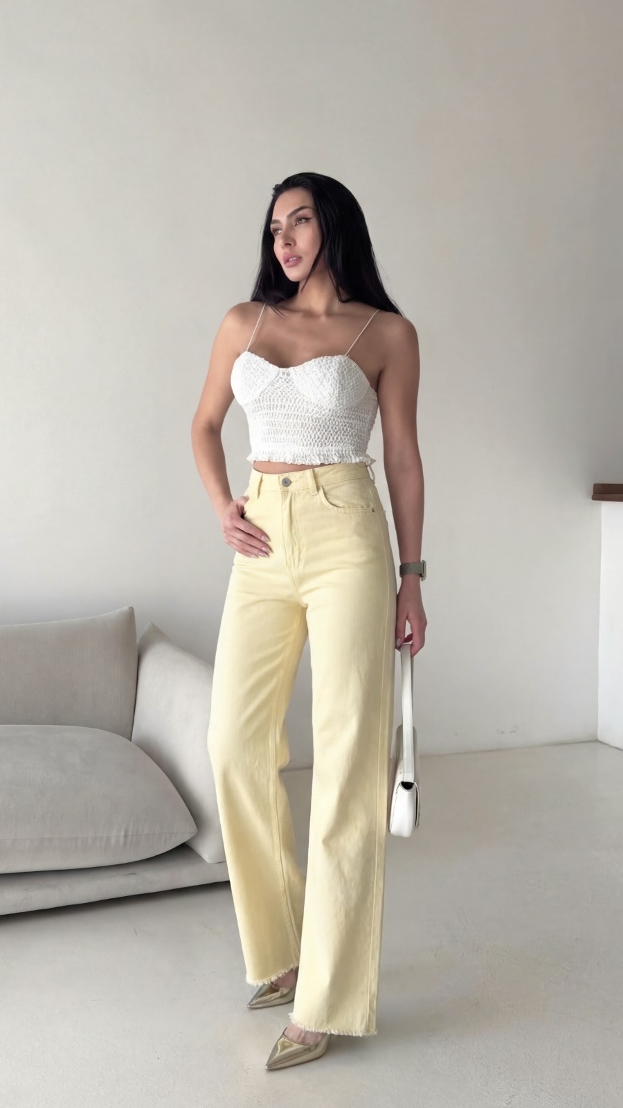 ДАМСКИ ДЪНКИ WIDE LEG В ПАСТЕЛНО ЖЪЛТО