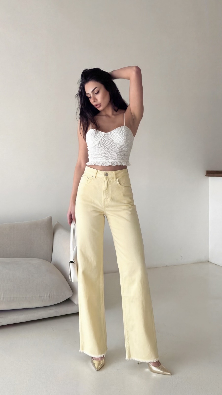ДАМСКИ ДЪНКИ WIDE LEG В ПАСТЕЛНО ЖЪЛТО - Изображение 3